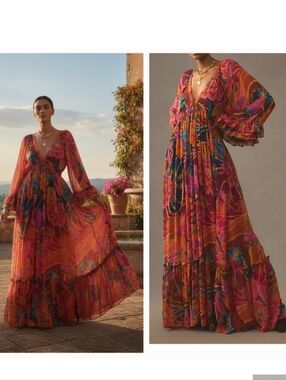 knee length dresses for ladies Farm Rio Long Sleeve Pleated Maxi Dress